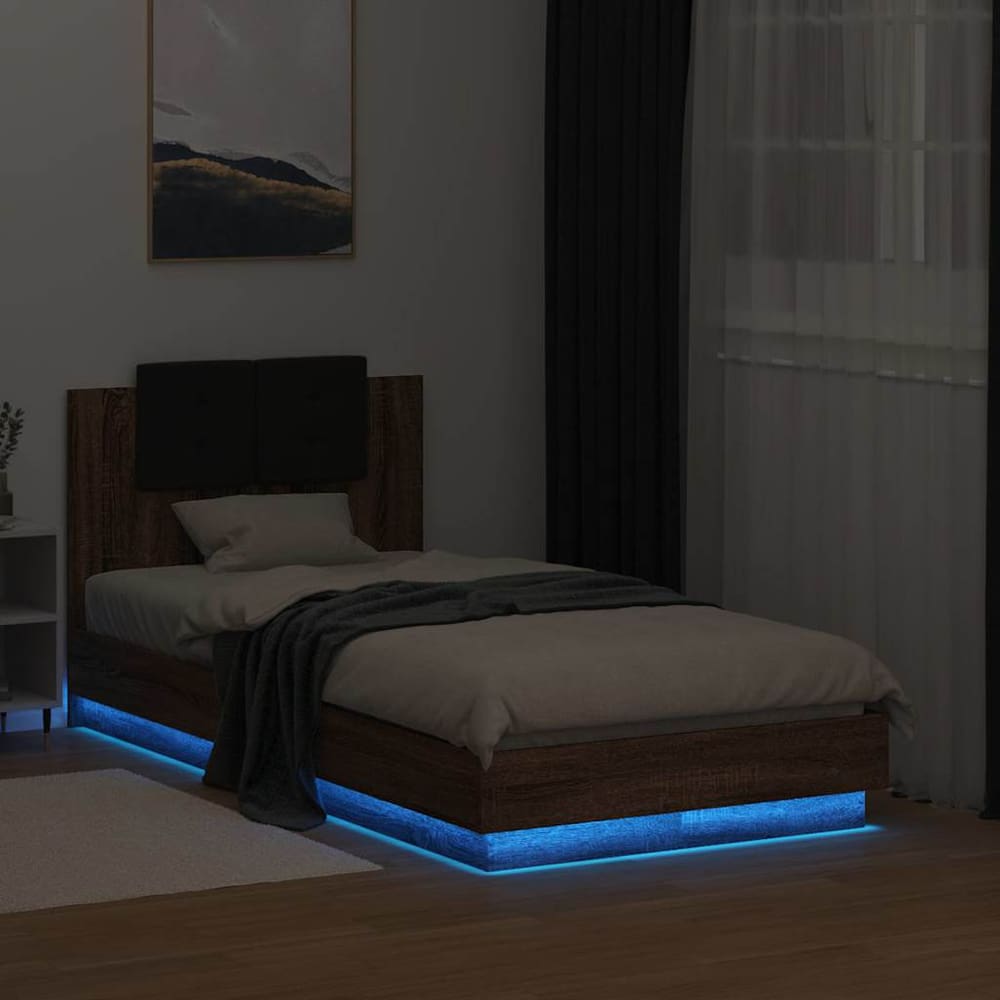 Bed Frame with LED without Mattress 75x190 cm Brown oak