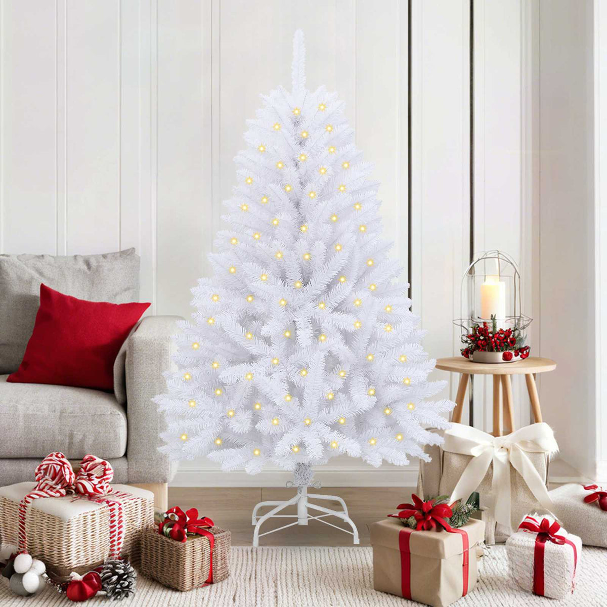 Artificial Hinged Christmas Tree 150 cm 150 LEDs Warm PVC White Ø 80 x 150 cm with 150 LEDs