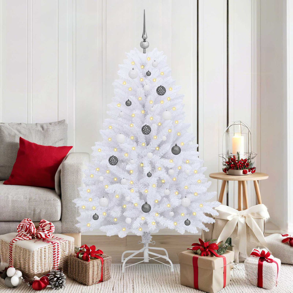 Artificial Hinged Christmas Tree 150 cm 150 LEDs Warm PVC White Ø 80 x 150 cm with 150 LEDs&white/grey balls
