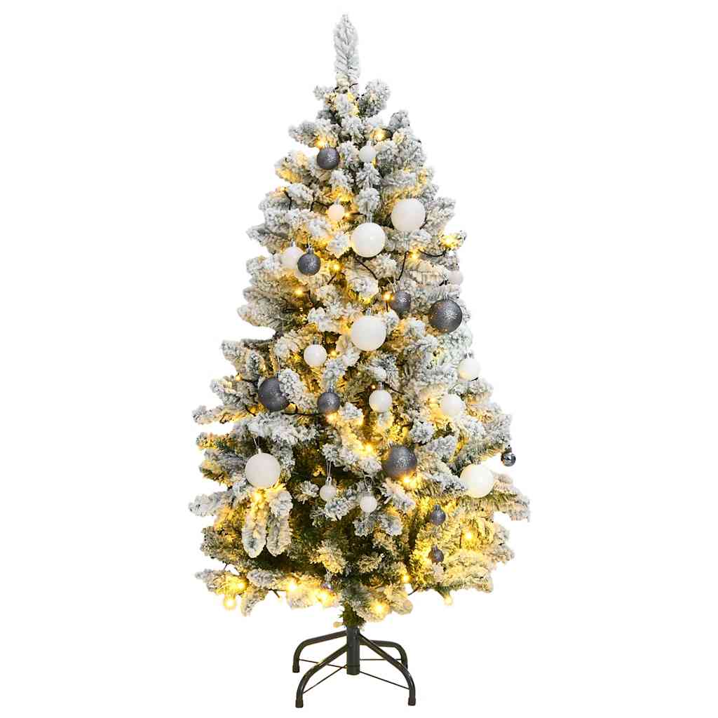 Artificial Christmas Tree 150 cm 150 LEDs Warm White Green and White Ø 80 x 150 cm with 150 LEDs&white/grey balls