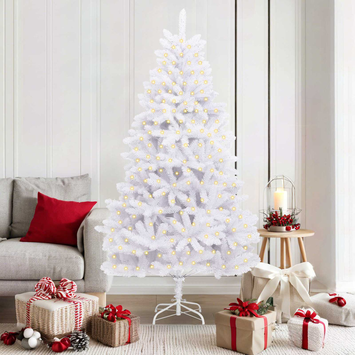 Artificial Hinged Christmas Tree 180 cm 300 LEDs Warm PVC White Ø 90 x 180 cm with 300 LEDs