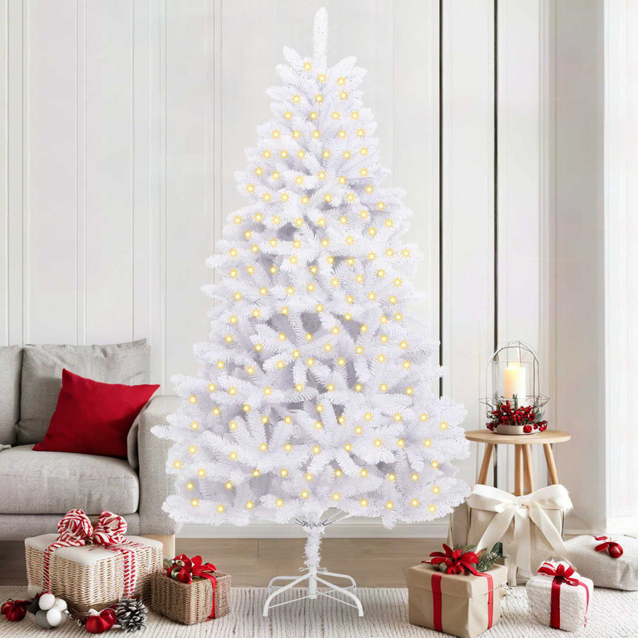 Artificial Hinged Christmas Tree 210 cm 300 LEDs Warm PVC White Ø 106 x 210 cm with 300 LEDs