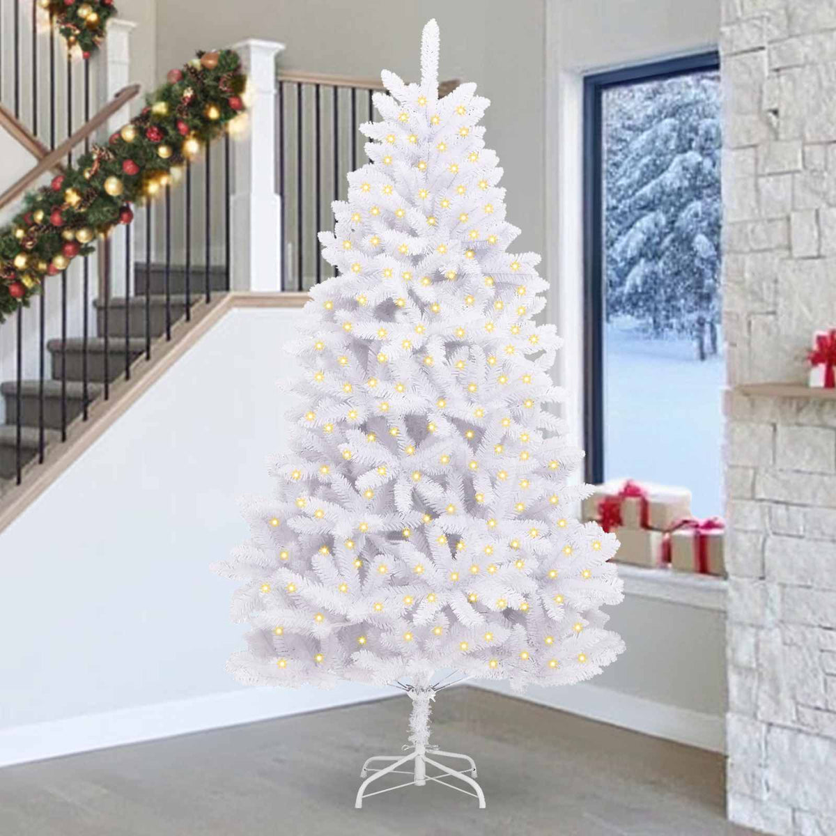 Artificial Hinged Christmas Tree 270 cm 300 LEDs Warm PVC White Ø 128 x 270 cm with 300 LEDs