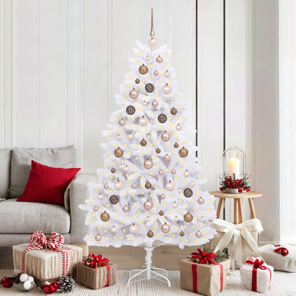 Artificial Hinged Christmas Tree 180 cm 300 LEDs Warm PVC White Ø 90 x 180 cm with 300 LEDs&rose gold balls