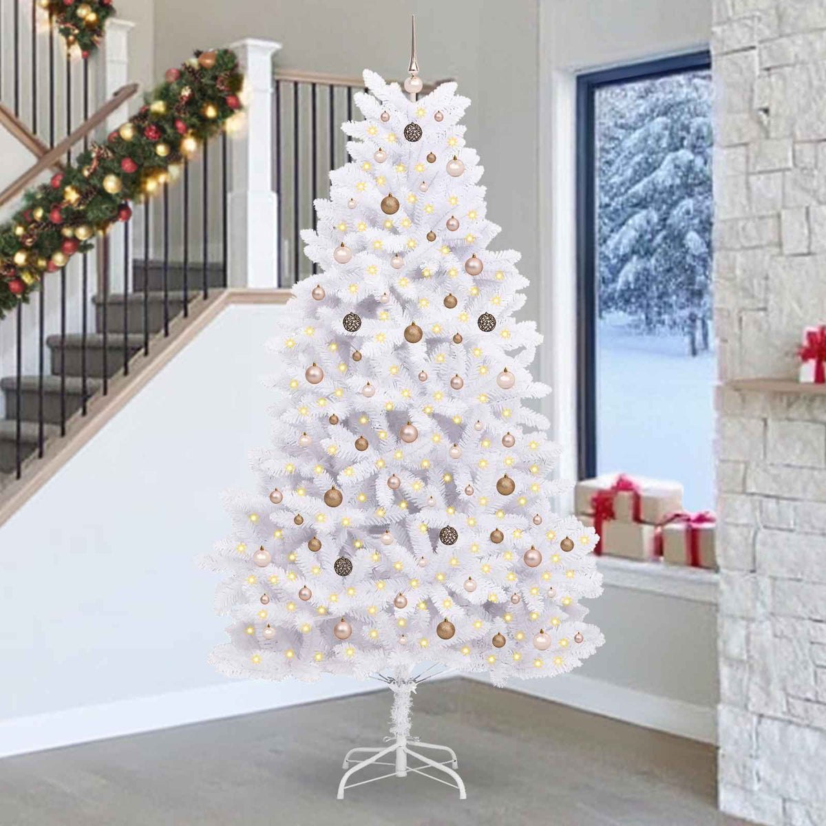 Artificial Hinged Christmas Tree 270 cm 300 LEDs Warm PVC White Ø 128 x 270 cm with 300 LEDs&rose gold balls