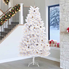 Artificial Hinged Christmas Tree 270 cm 300 LEDs Warm PVC White Ø 128 x 270 cm with 300 LEDs&rose gold balls