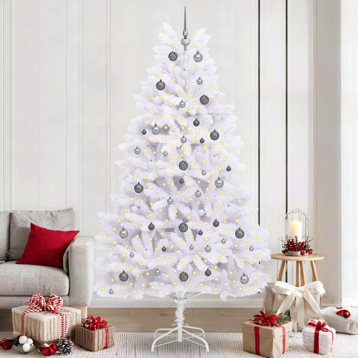 Artificial Hinged Christmas Tree 240 cm 300 LEDs Warm PVC White Ø 120 x 240 cm with 300 LEDs&white/grey balls