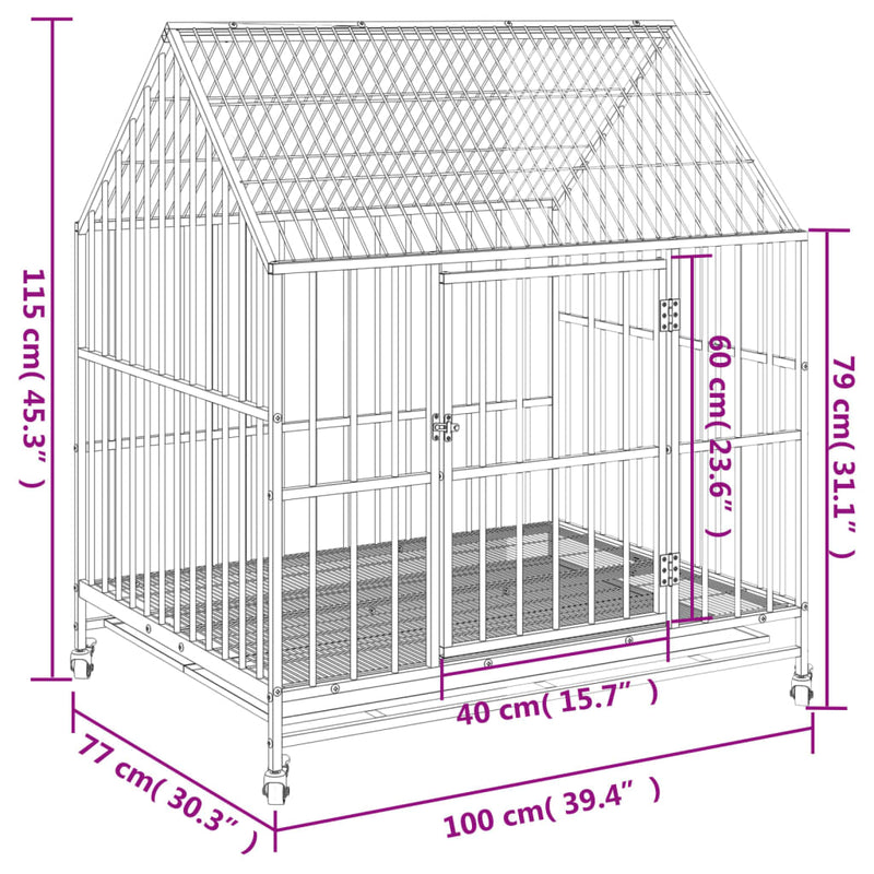 Dog Cage with Wheels Black Galvanised Steel