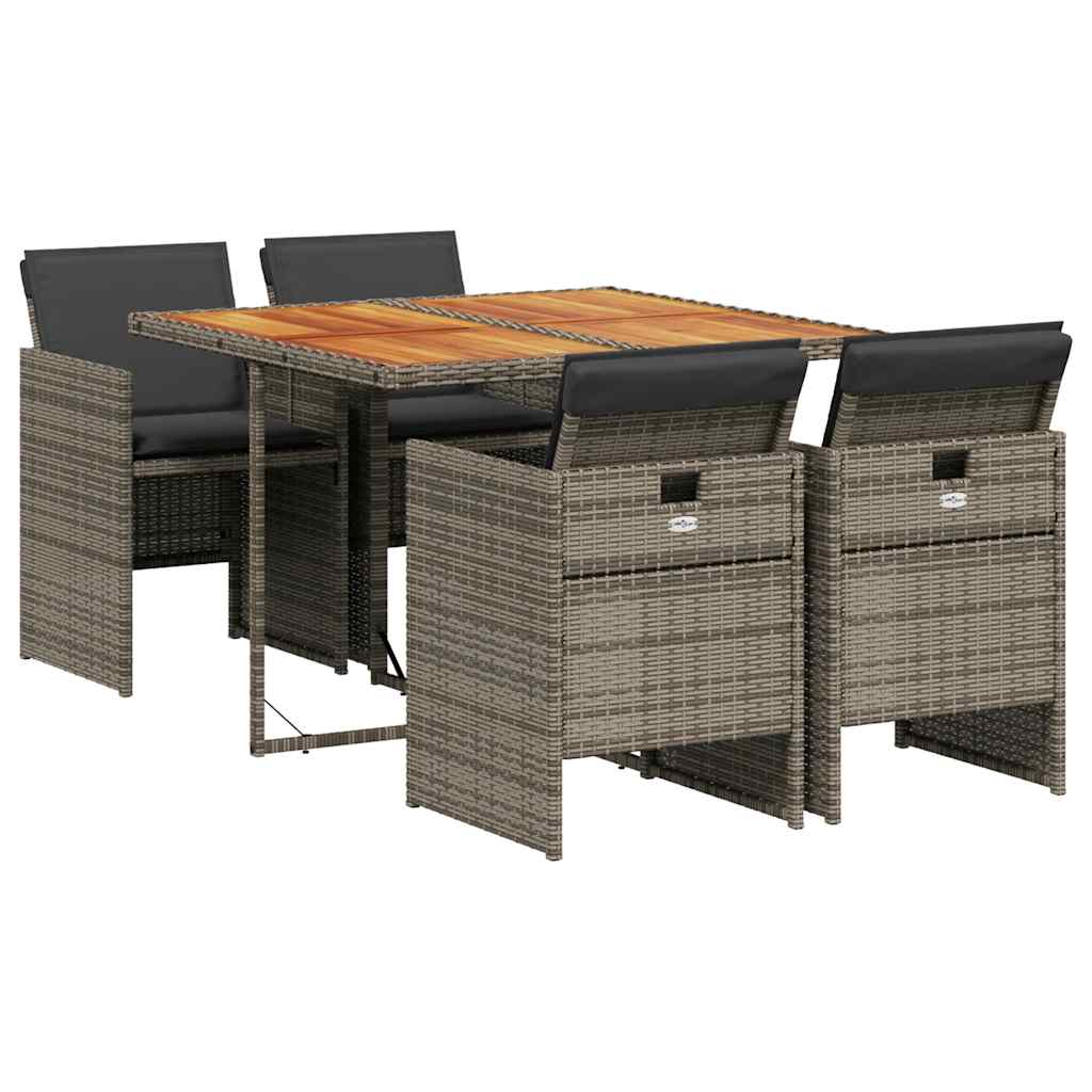 5 Piece Garden Dining Set with Cushions Poly Rattan Wood 4