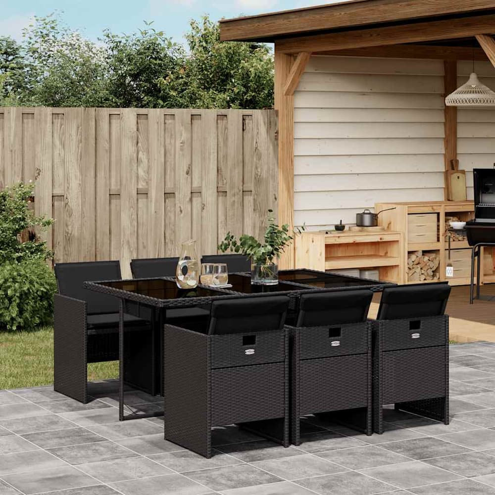 7 Piece Garden Dining Set with Cushions Poly Rattan Glass 6 pcs Black