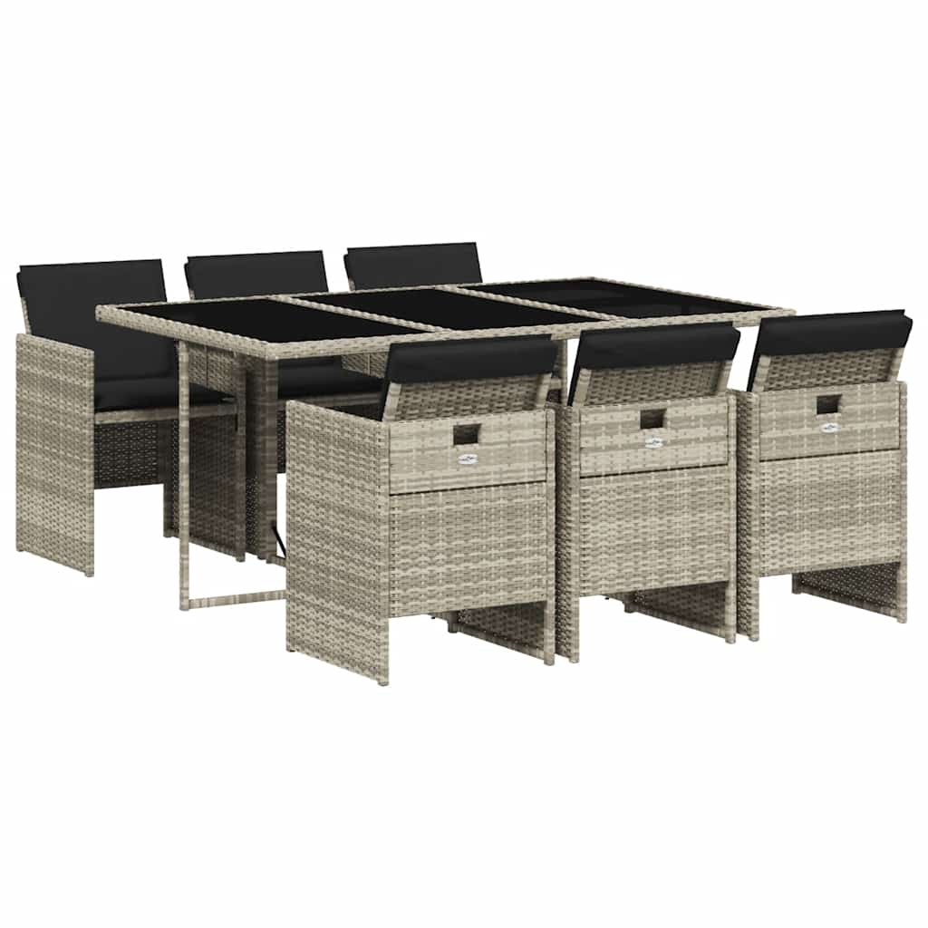 7 Piece Garden Dining Set with Cushions Poly Rattan Glass 6 pcs Light grey