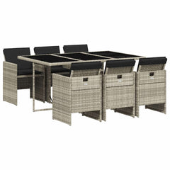 7 Piece Garden Dining Set with Cushions Poly Rattan Glass 6 pcs Light grey