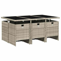 7 Piece Garden Dining Set with Cushions Poly Rattan Glass 6 pcs Light grey