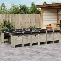13 Piece Garden Dining Set with Cushions Poly Rattan Glass 12 pcs Light grey