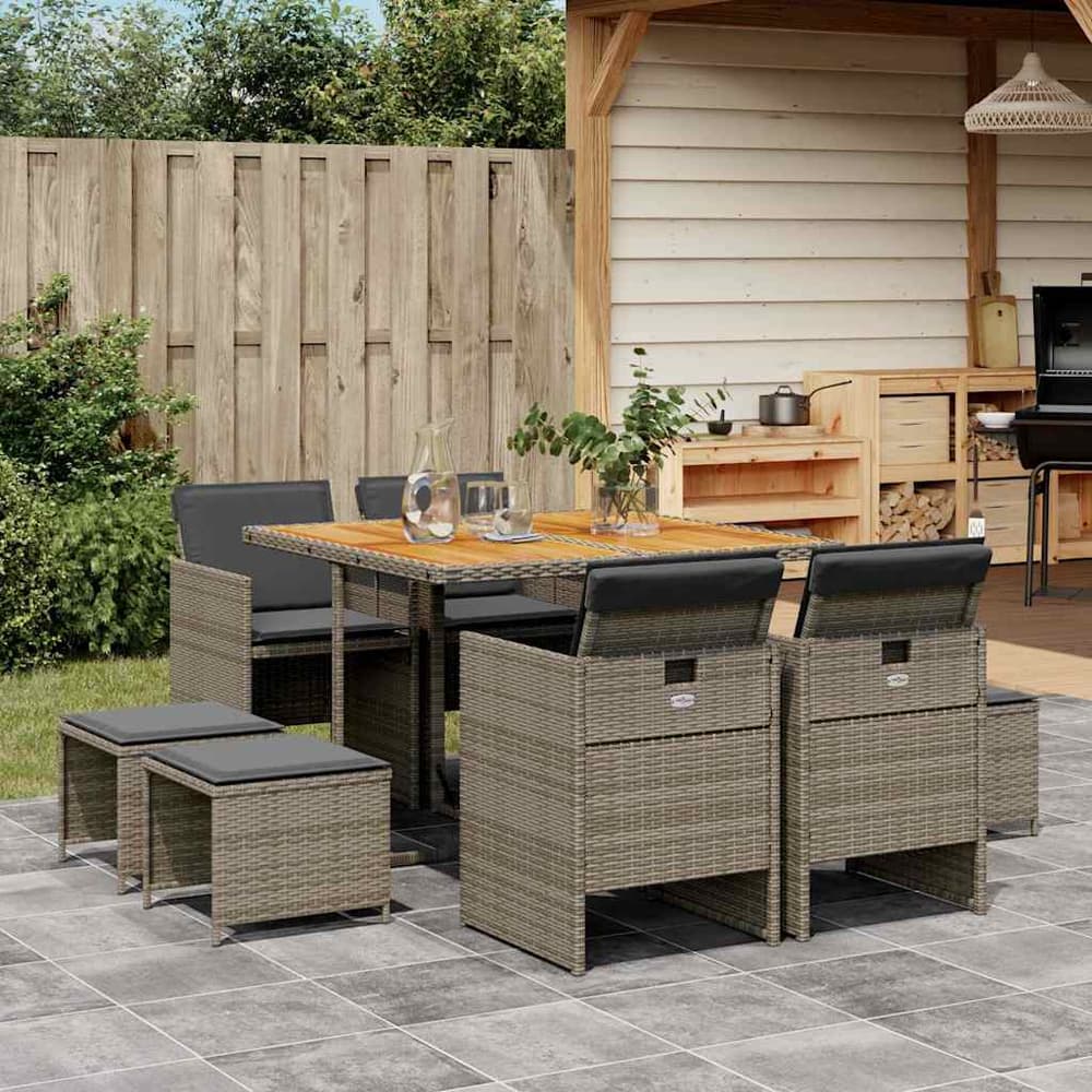 9 Piece Garden Dining Set with Cushions Poly Rattan Wood 8