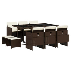 11 Piece Garden Dining Set with Cushions Poly Rattan Glass 10 pcs Brown