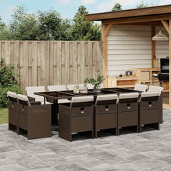13 Piece Garden Dining Set with Cushions Poly Rattan Glass 12 pcs Brown and cream