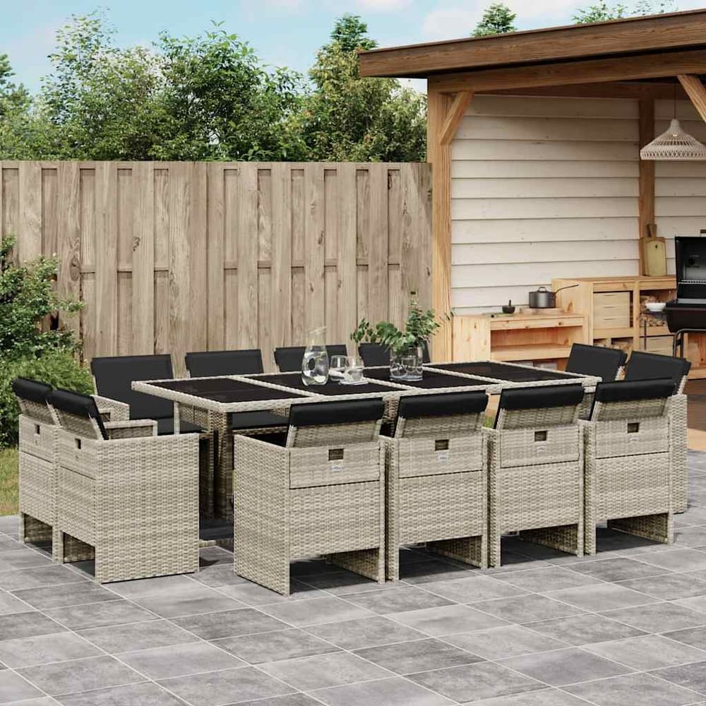 13 Piece Garden Dining Set with Cushions Poly Rattan Glass 12 pcs Light grey