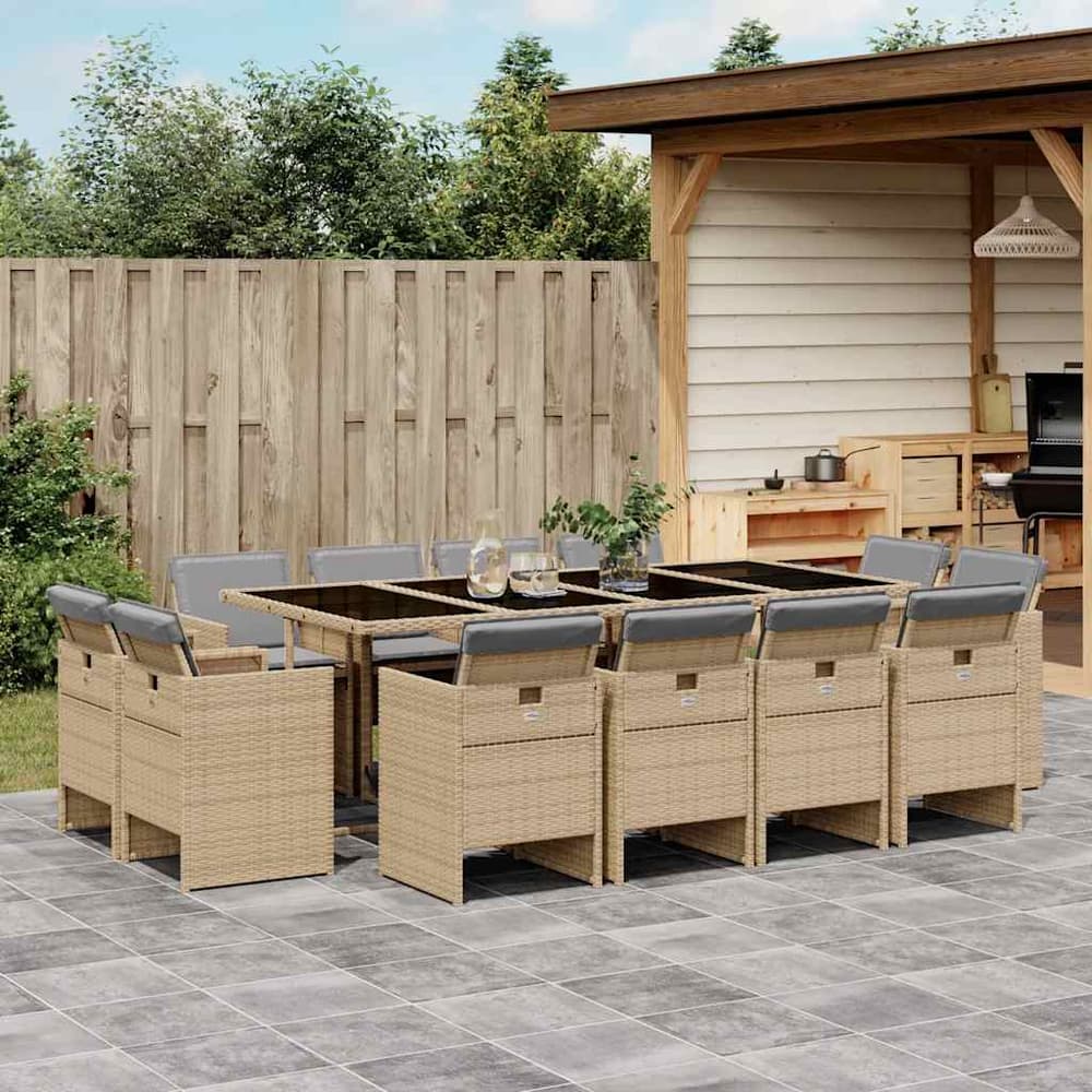 13 Piece Garden Dining Set with Cushions Poly Rattan Glass 12 pcs Mix beige