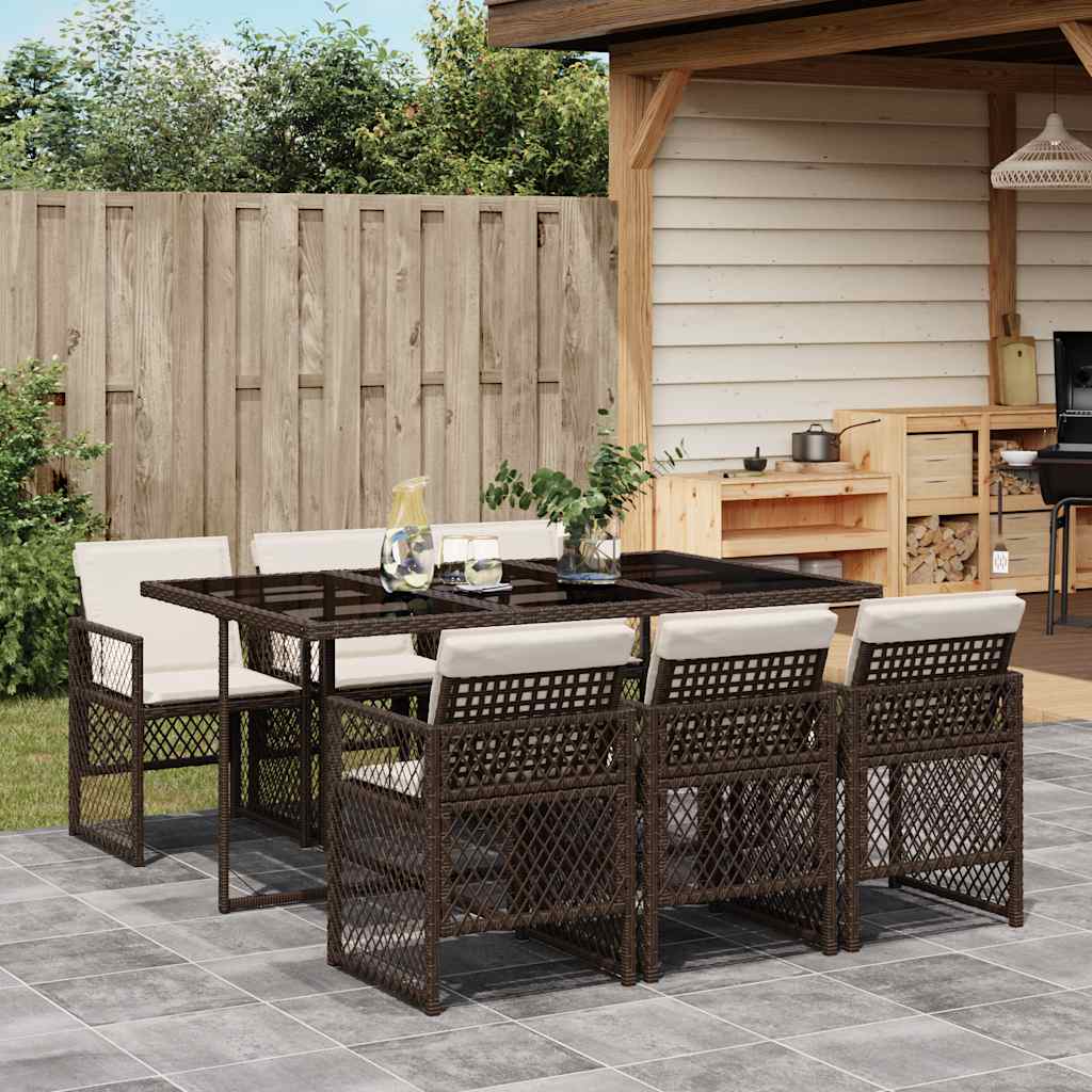vidaXL 7 Piece Garden Dining Set with Cushions Brown Poly Rattan 1