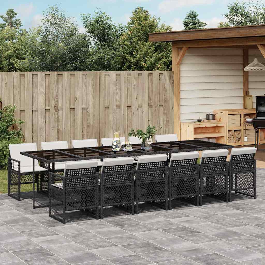 13 Piece Garden Dining Set with Cushions Poly Rattan Glass 12 pcs Black and cream