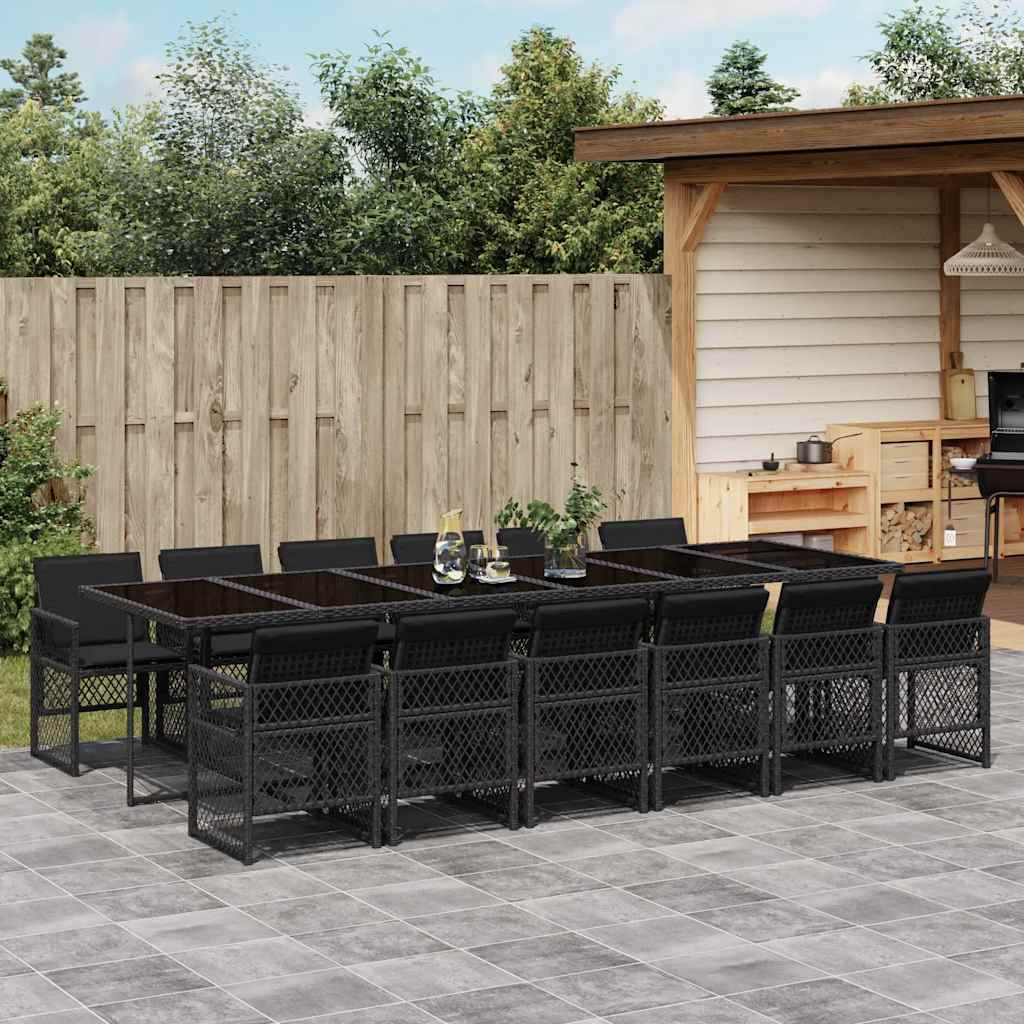 13 Piece Garden Dining Set with Cushions Poly Rattan Glass 12 pcs Black