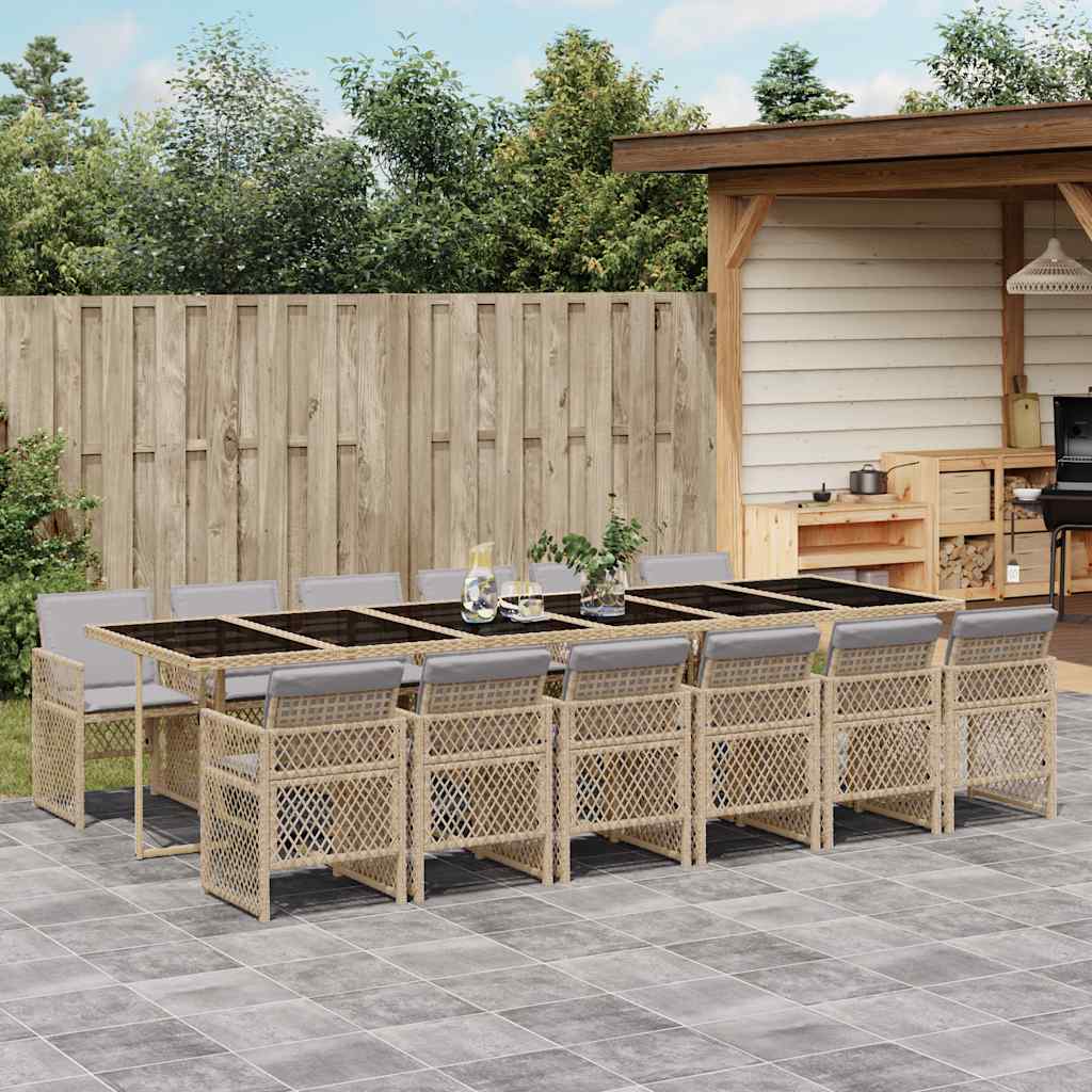 13 Piece Garden Dining Set with Cushions Poly Rattan Glass 12 pcs Beige and grey