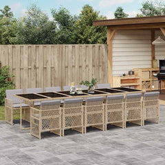 13 Piece Garden Dining Set with Cushions Poly Rattan Glass 12 pcs Beige and grey