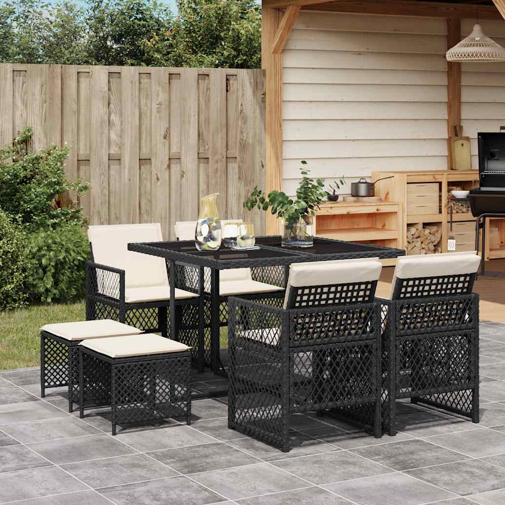 9 Piece Garden Dining Set with Cushions Poly Rattan Glass 8 pcs Black and cream