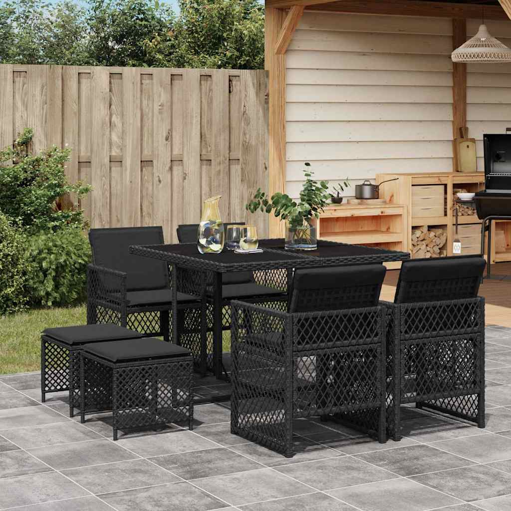 9 Piece Garden Dining Set with Cushions Poly Rattan Glass 8 pcs Black
