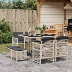 9 Piece Garden Dining Set with Cushions Poly Rattan Glass 8 pcs Light grey
