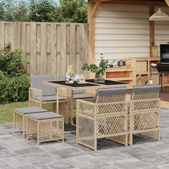 9 Piece Garden Dining Set with Cushions Poly Rattan Glass 8 pcs Beige and grey