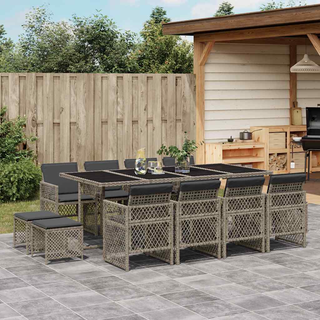 13 Piece Garden Dining Set with Cushions Poly Rattan Glass 12 pcs Grey