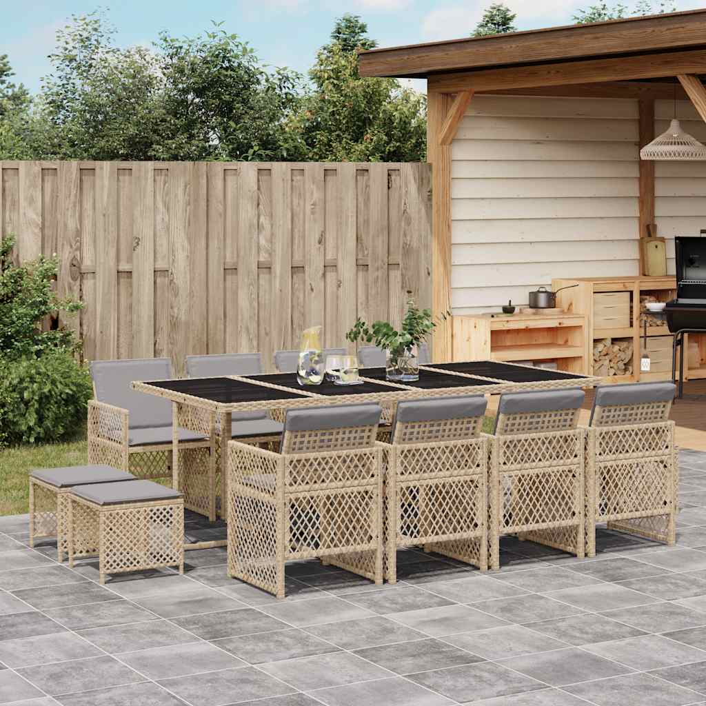 13 Piece Garden Dining Set with Cushions Poly Rattan Glass 12 pcs Beige and grey