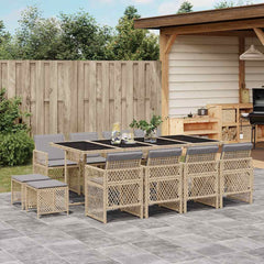 13 Piece Garden Dining Set with Cushions Poly Rattan Glass 12 pcs Beige and grey