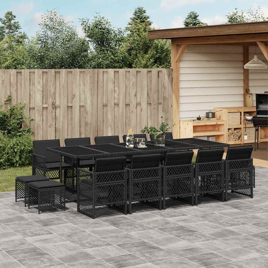 15 Piece Garden Dining Set with Cushions Poly Rattan Glass 14 pcs Black