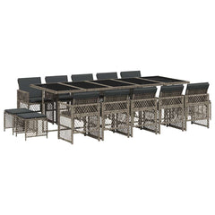 15 Piece Garden Dining Set with Cushions Poly Rattan Glass 14 pcs Grey