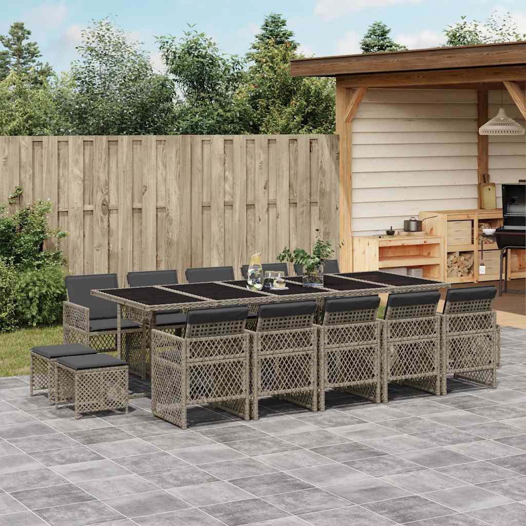 15 Piece Garden Dining Set with Cushions Poly Rattan Glass 14 pcs Grey