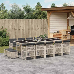 15 Piece Garden Dining Set with Cushions Poly Rattan Glass 14 pcs Light grey