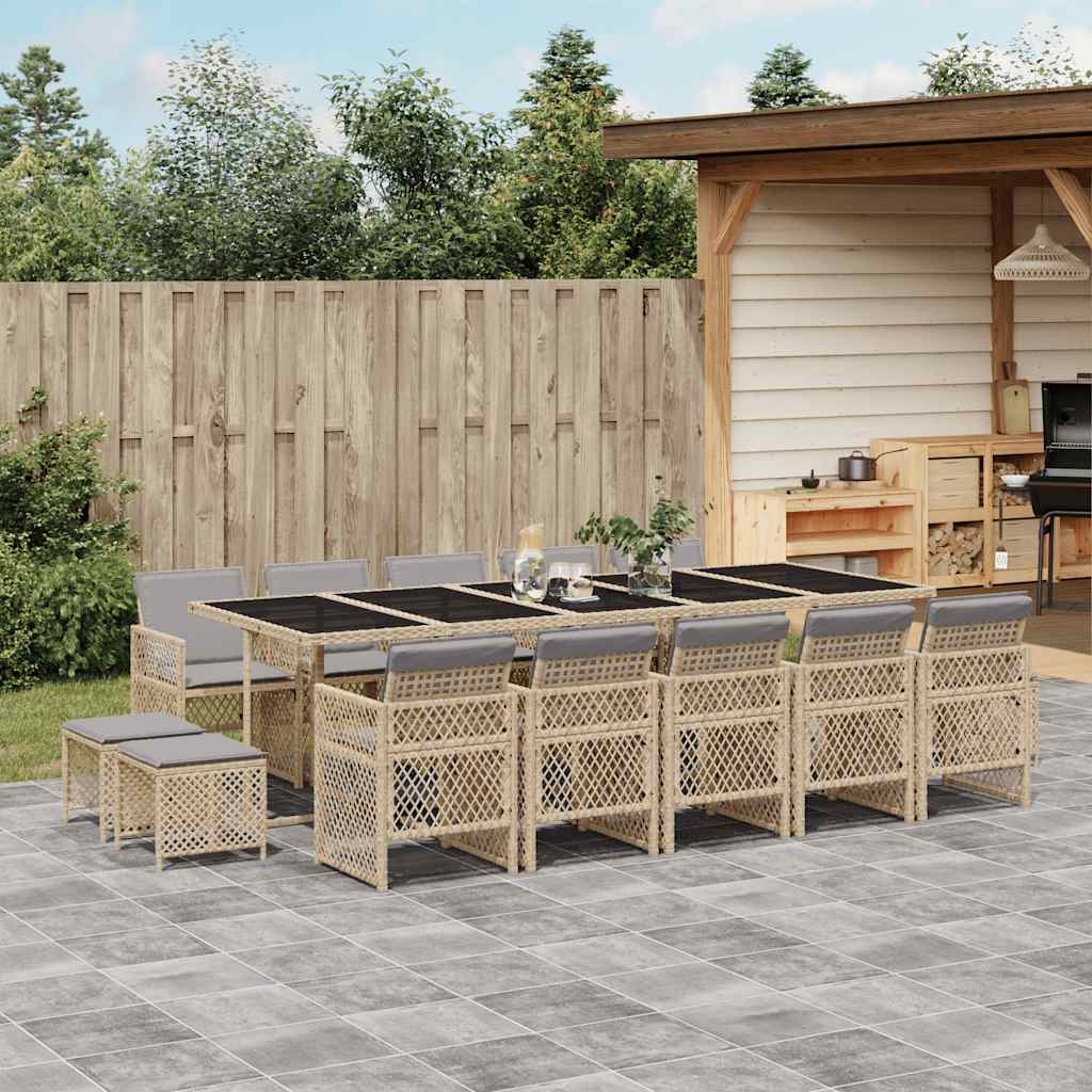 15 Piece Garden Dining Set with Cushions Poly Rattan Glass 14 pcs Beige and grey