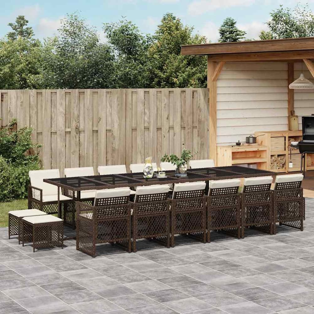 17 Piece Garden Dining Set with Cushions Poly Rattan Glass 16 pcs Brown and cream