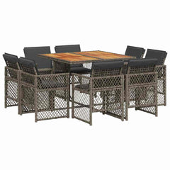 9 Piece Garden Dining Set with Cushions Poly Rattan Wood Grey 8