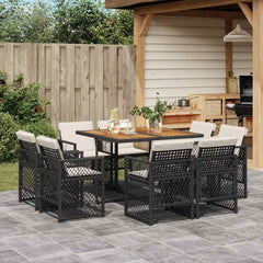9 Piece Garden Dining Set with Cushions Poly Rattan Wood Black and cream 8