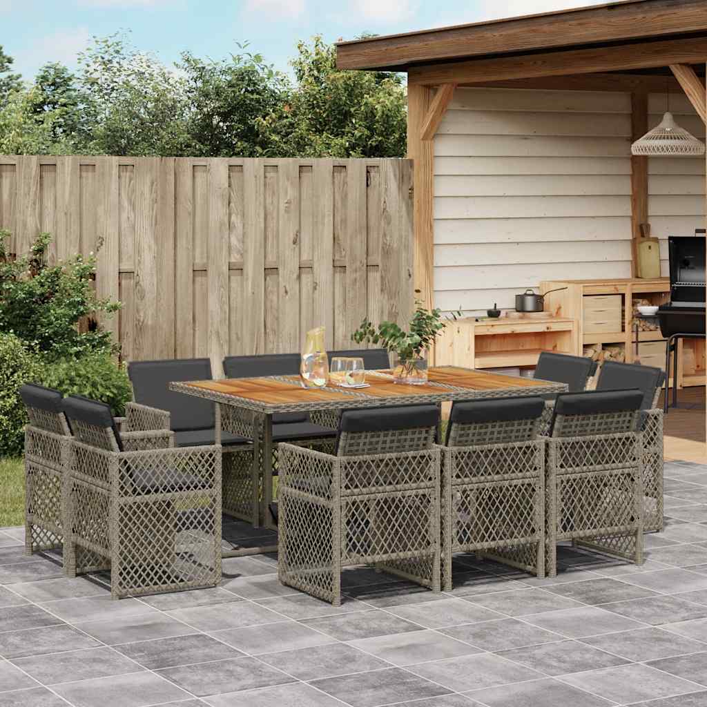 9 Piece Garden Dining Set with Cushions Poly Rattan Wood Grey 10