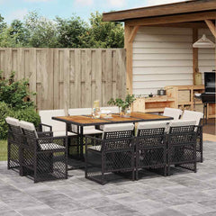 9 Piece Garden Dining Set with Cushions Poly Rattan Wood Black and cream 10