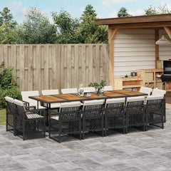 9 Piece Garden Dining Set with Cushions Poly Rattan Wood Black and cream 14