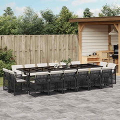 17 Piece Garden Dining Set with Cushions Poly Rattan Glass 16 pcs Black and cream