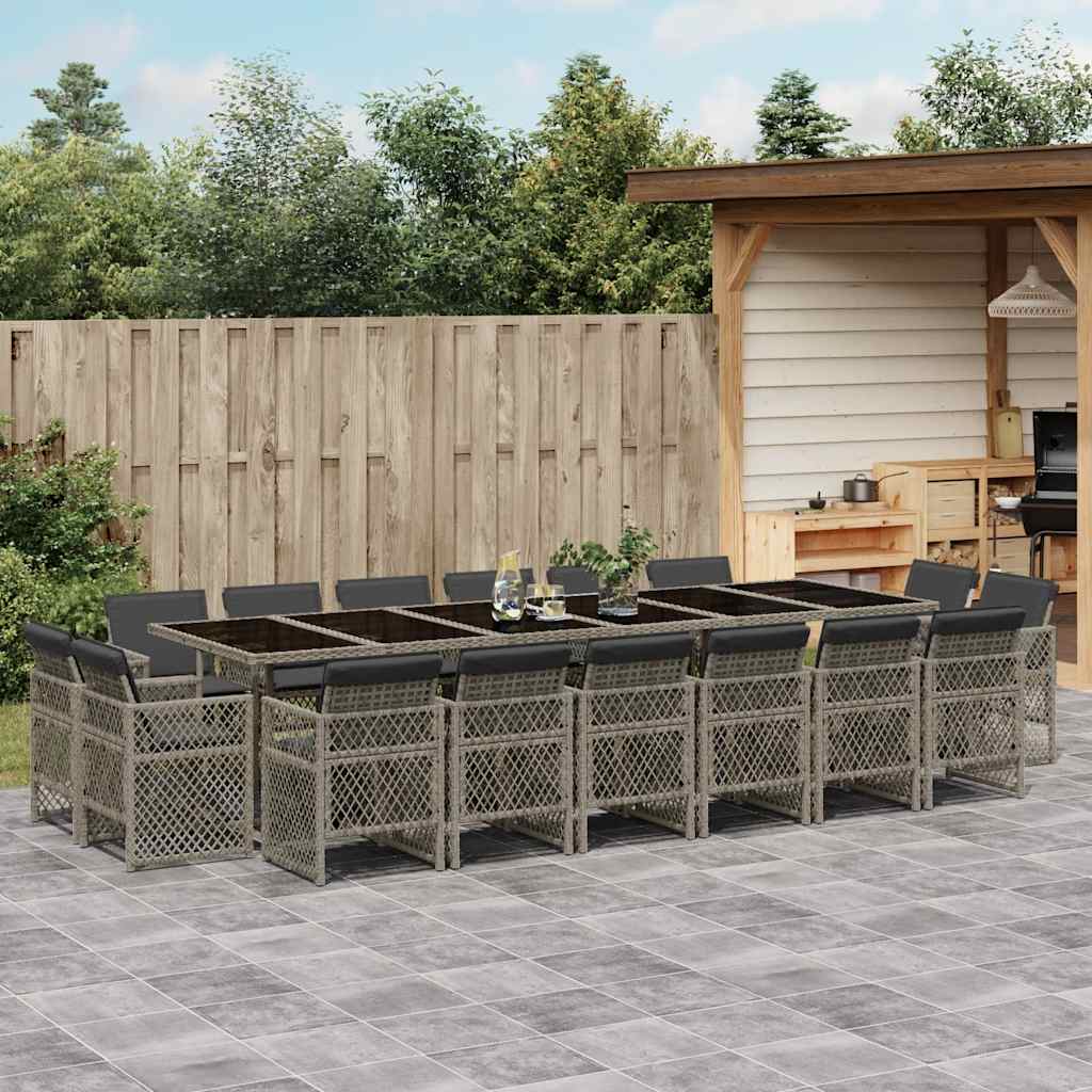 17 Piece Garden Dining Set with Cushions Poly Rattan Glass 16 pcs Grey