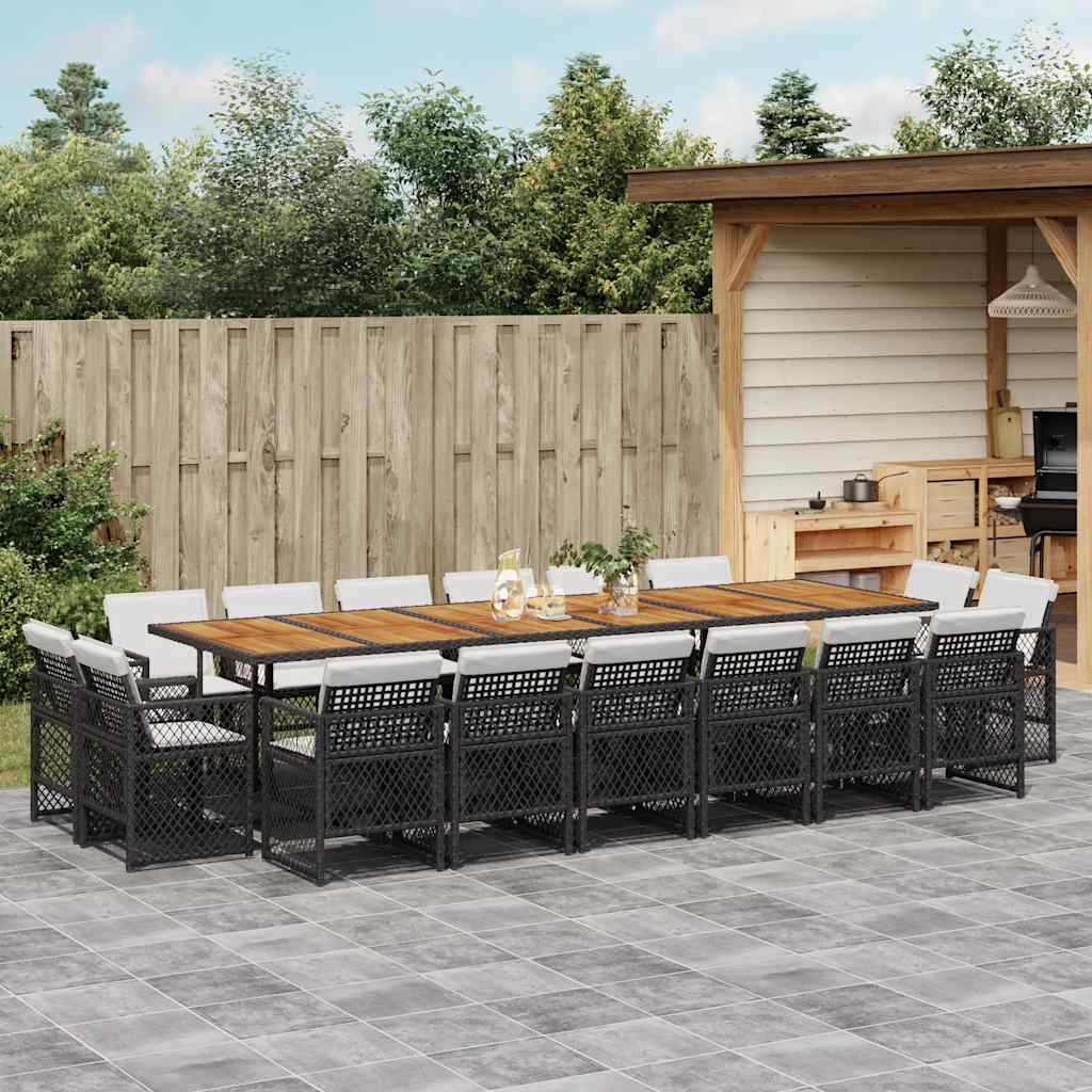 9 Piece Garden Dining Set with Cushions Poly Rattan Wood Black and cream 16