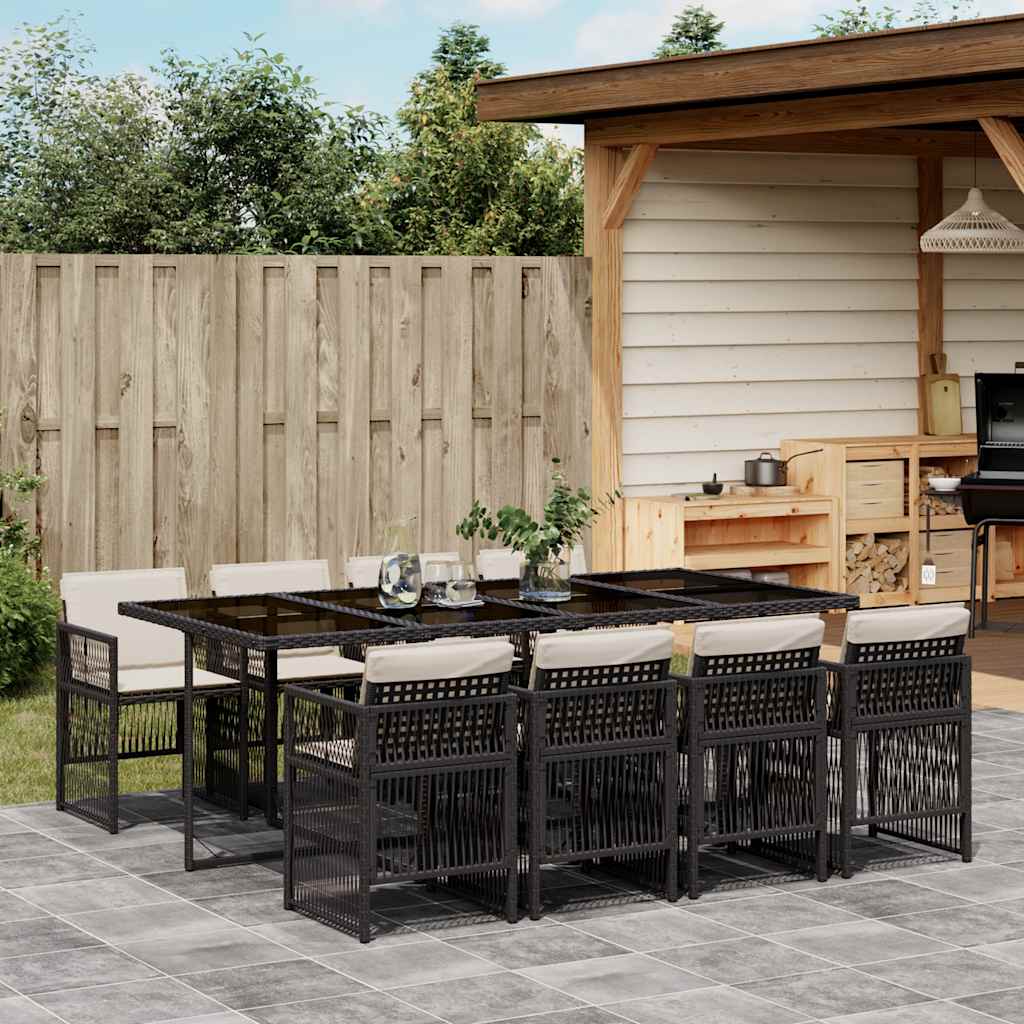 9 Piece Garden Dining Set with Cushions Poly Rattan Glass 8 pcs Black and cream